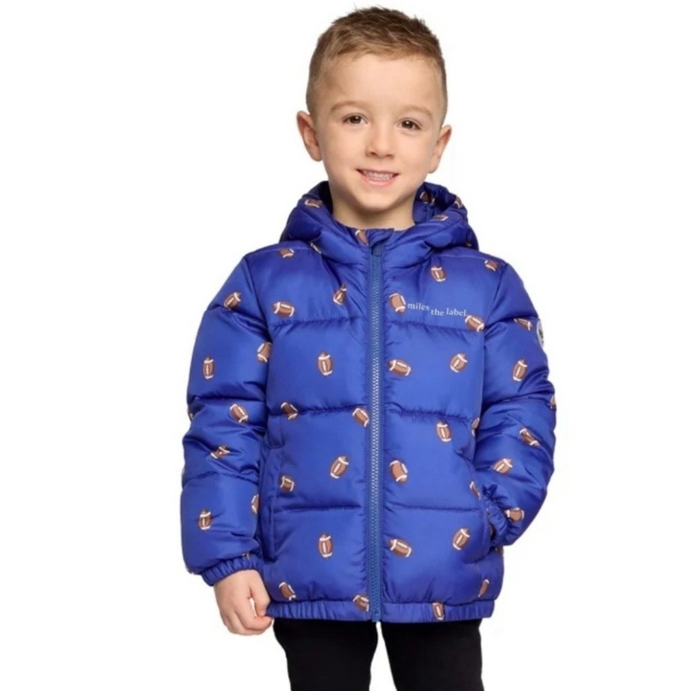 Boys size 5 Miles the Label blue Football Puffer Jacket EUC.